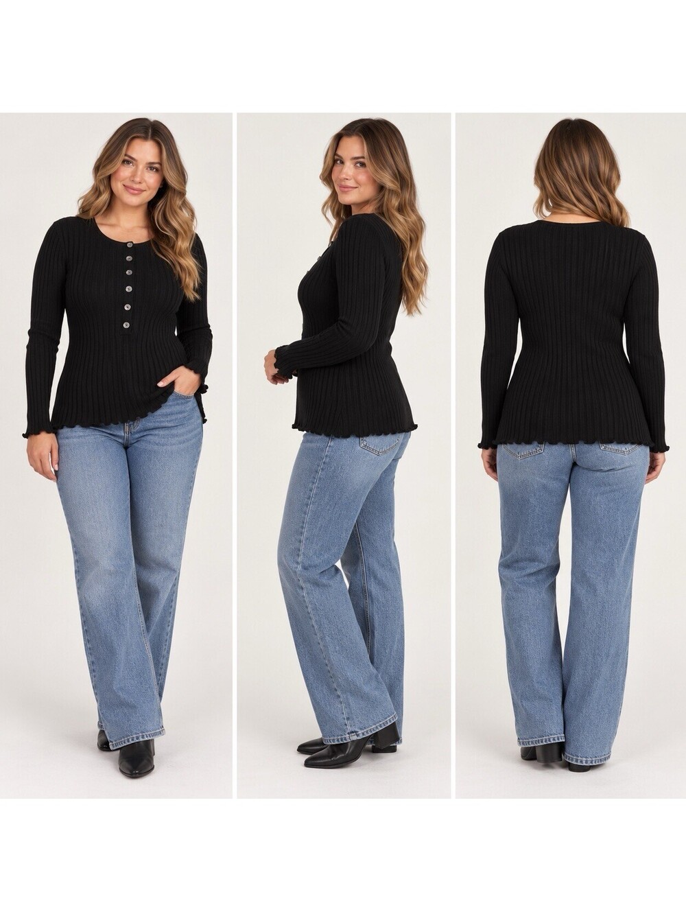 Sundance Black Ribbed Henley Sweater Women’s PL Petite Large Cotton Blend Y2K